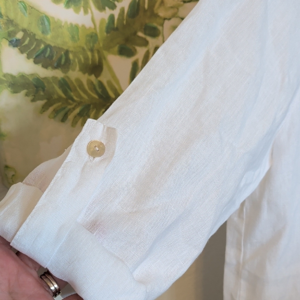 Made In Italy White Linen Blouse Crochet Trim Hi Lo Hem Cottagecore Peasant - Picture 8 of 9
